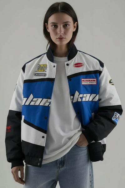 Women's Blue BlackAir Motorsports Varsity Jacket - The Drip Soul's Streetwear