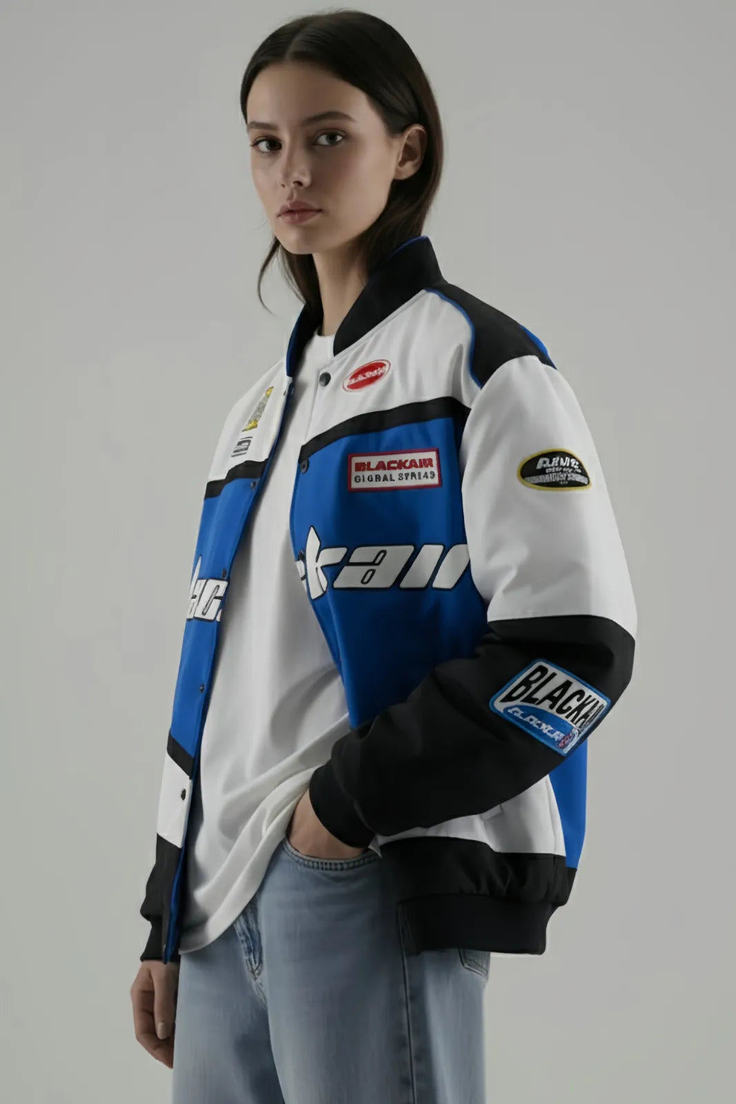 Women's Blue BlackAir Motorsports Varsity Jacket - The Drip Soul's Streetwear